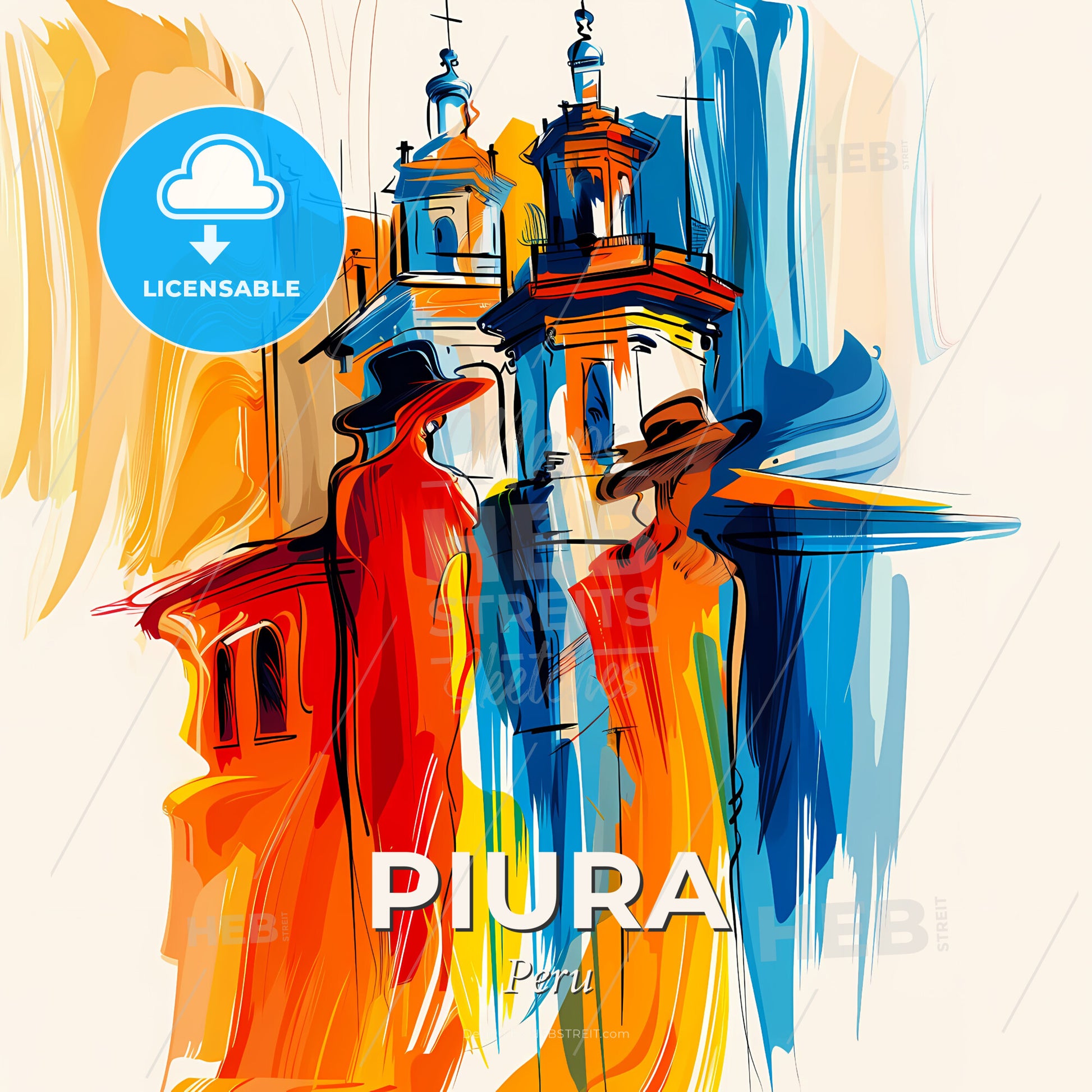 Vibrant Piura, Peru - A Painting Of A Couple Of People In Hats - Square format print template