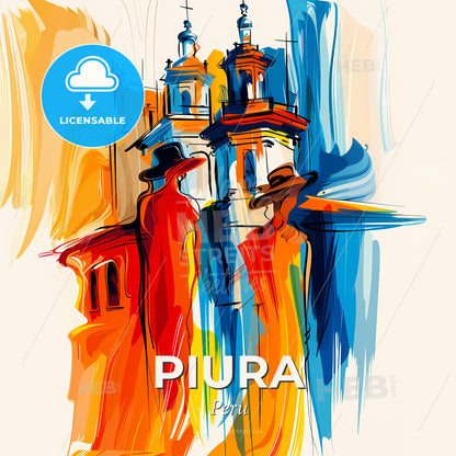 Vibrant Piura, Peru - A Painting Of A Couple Of People In Hats - Square format print template