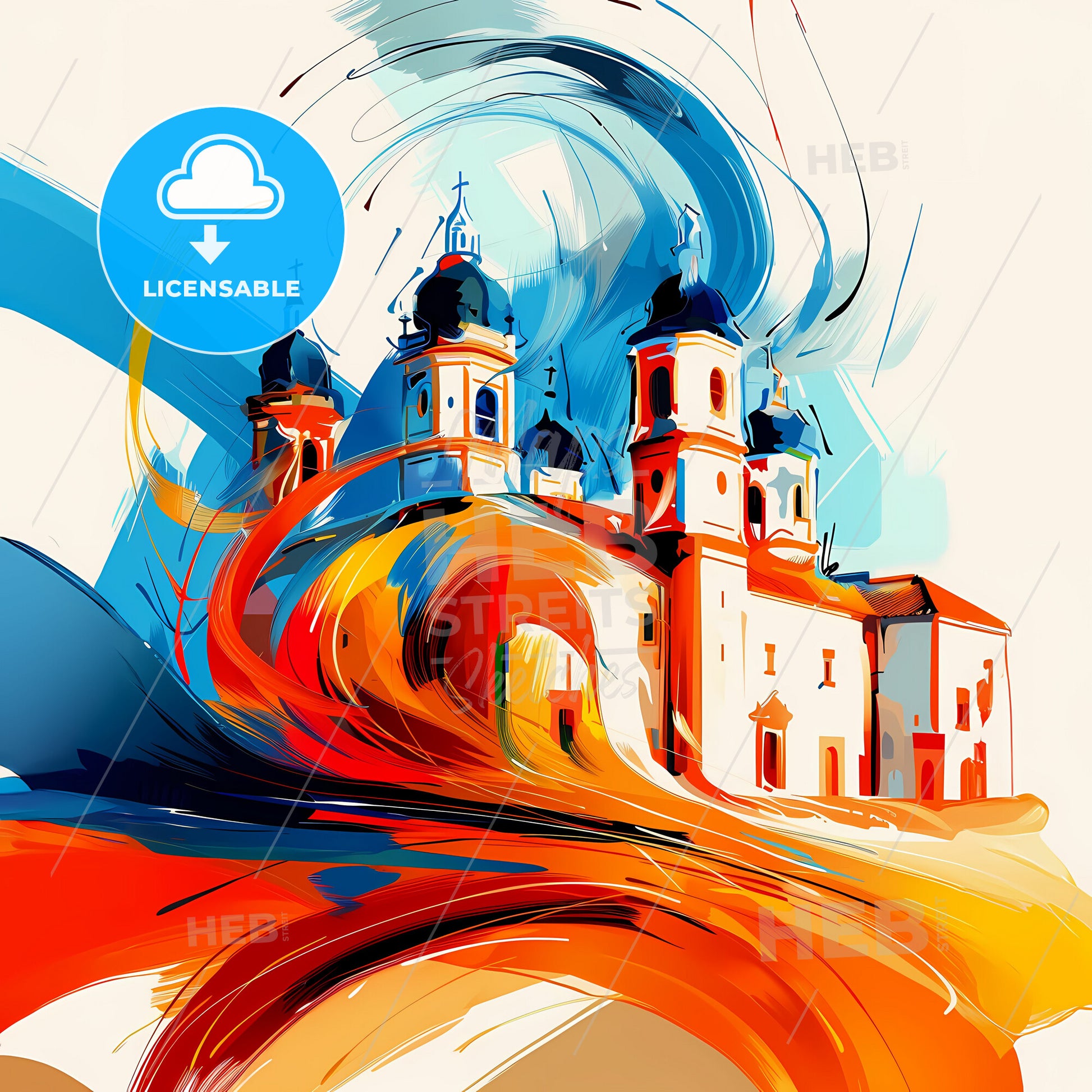 Vibrant Piura, Peru - A Painting Of A Building With A Colorful Background
