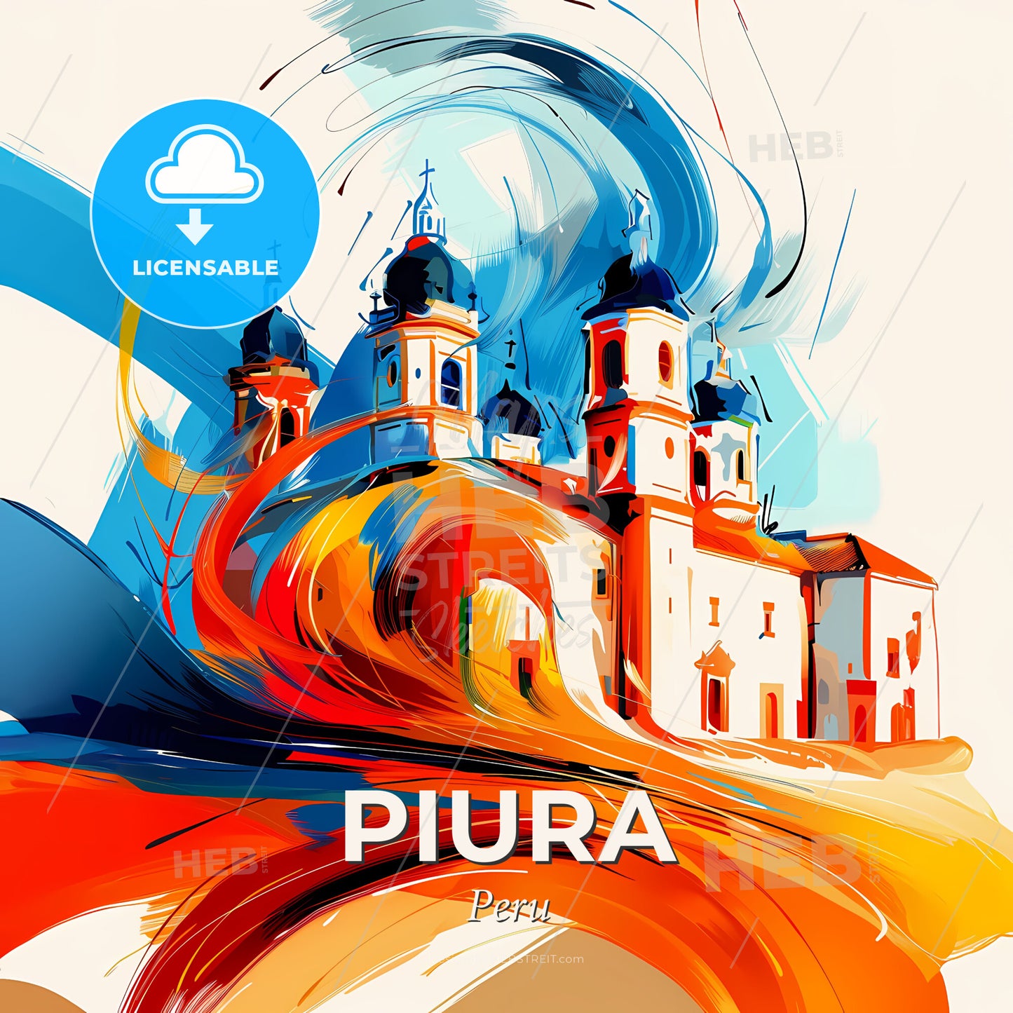 Vibrant Piura, Peru - A Painting Of A Building With A Colorful Background - Square format print template