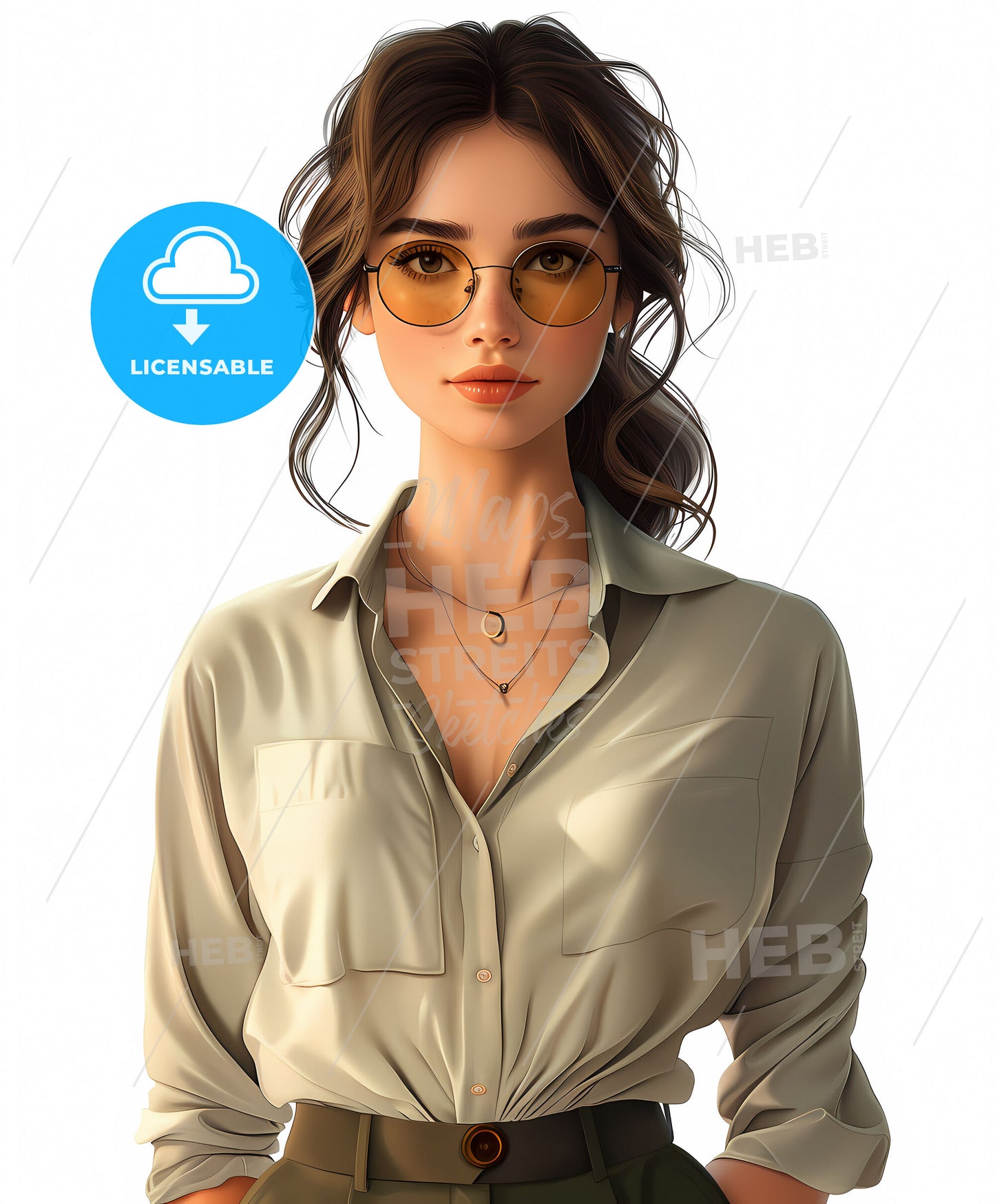 Cartoonish, casual, modern, pop art style, fashionably dressed young woman, blank background, sunglasses, shirt, vibrant, detailed, digital painting
