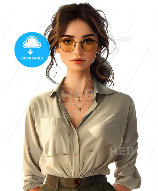 Cartoonish, casual, modern, pop art style, fashionably dressed young woman, blank background, sunglasses, shirt, vibrant, detailed, digital painting