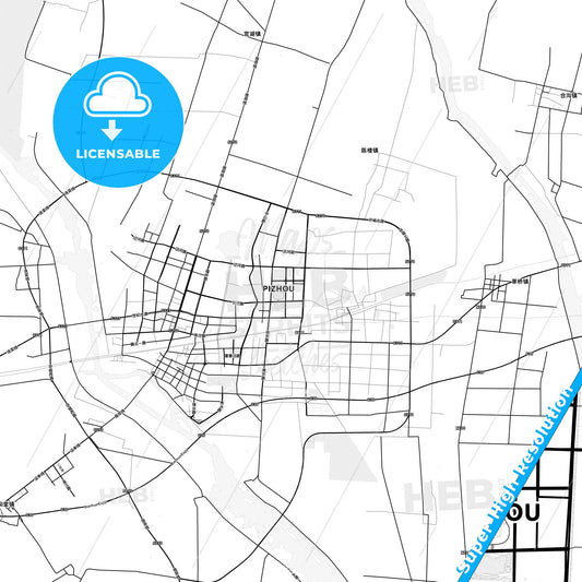 Pizhou, China light map with streetnames, citynames and districts