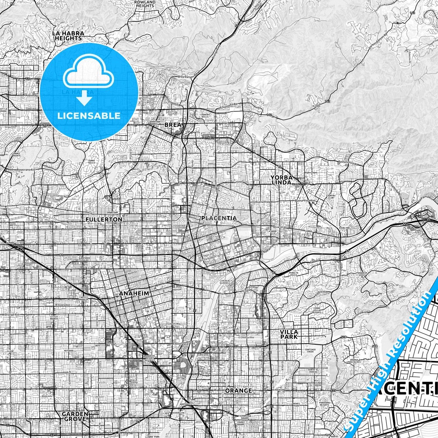 Placentia, California light map with streetnames, citynames and districts