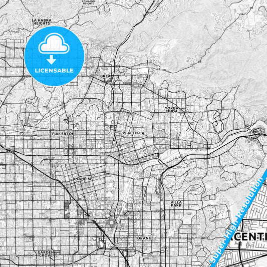 Placentia, California light map with streetnames, citynames and districts
