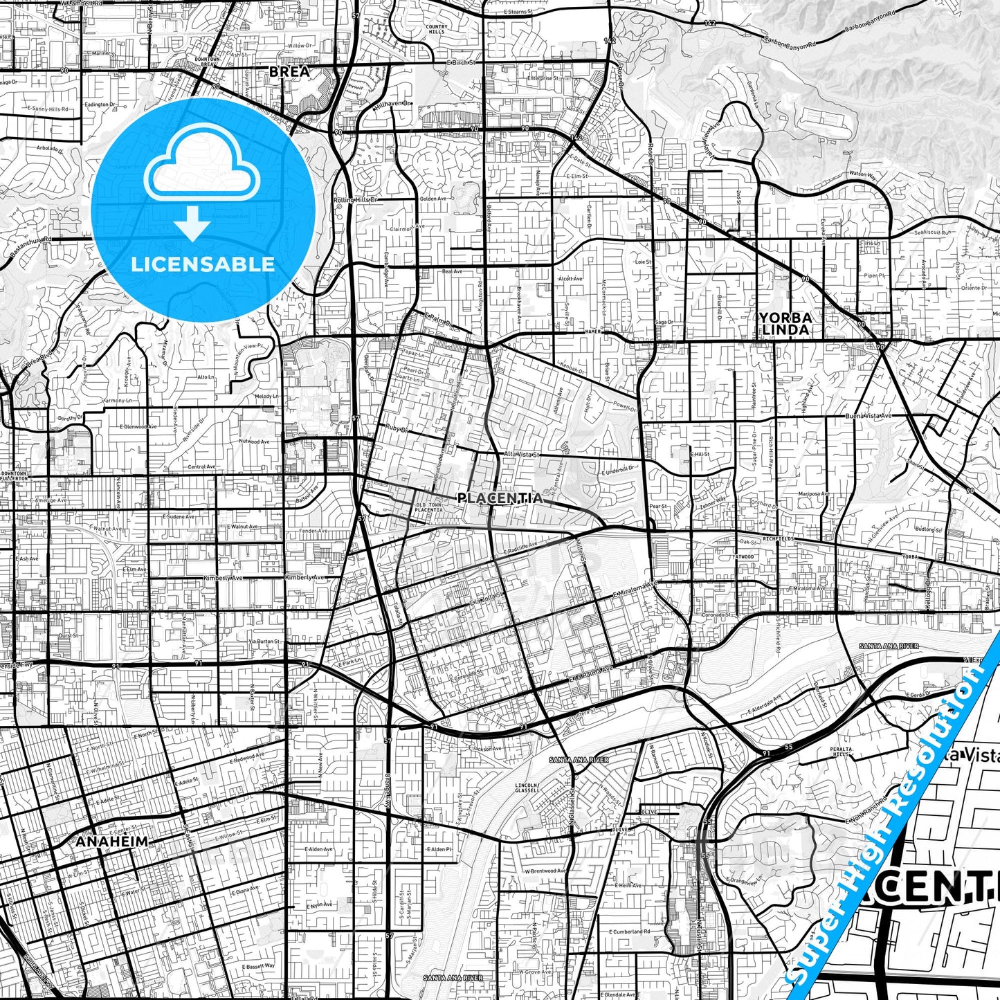 Placentia, California Light Map with Street Names, City Names, and Districts