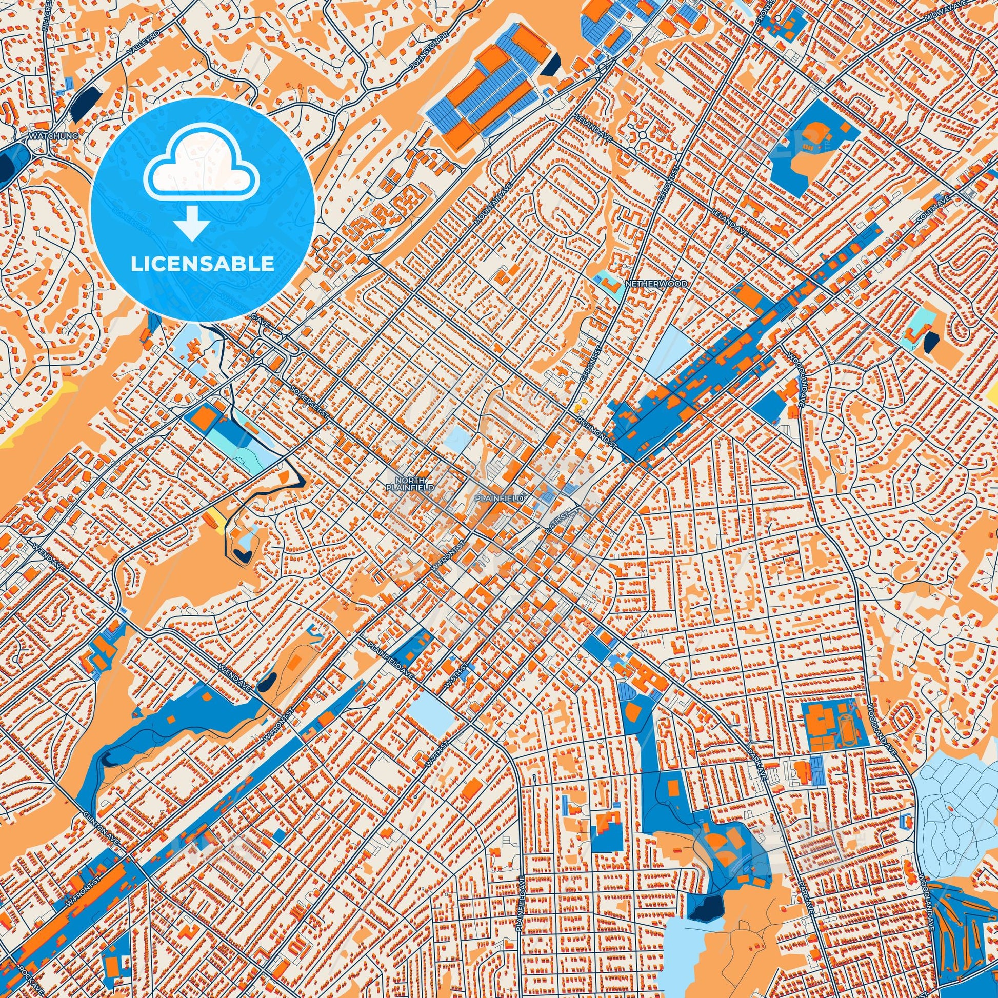 Colorful Plainfield Street Map with Labels and Buildings