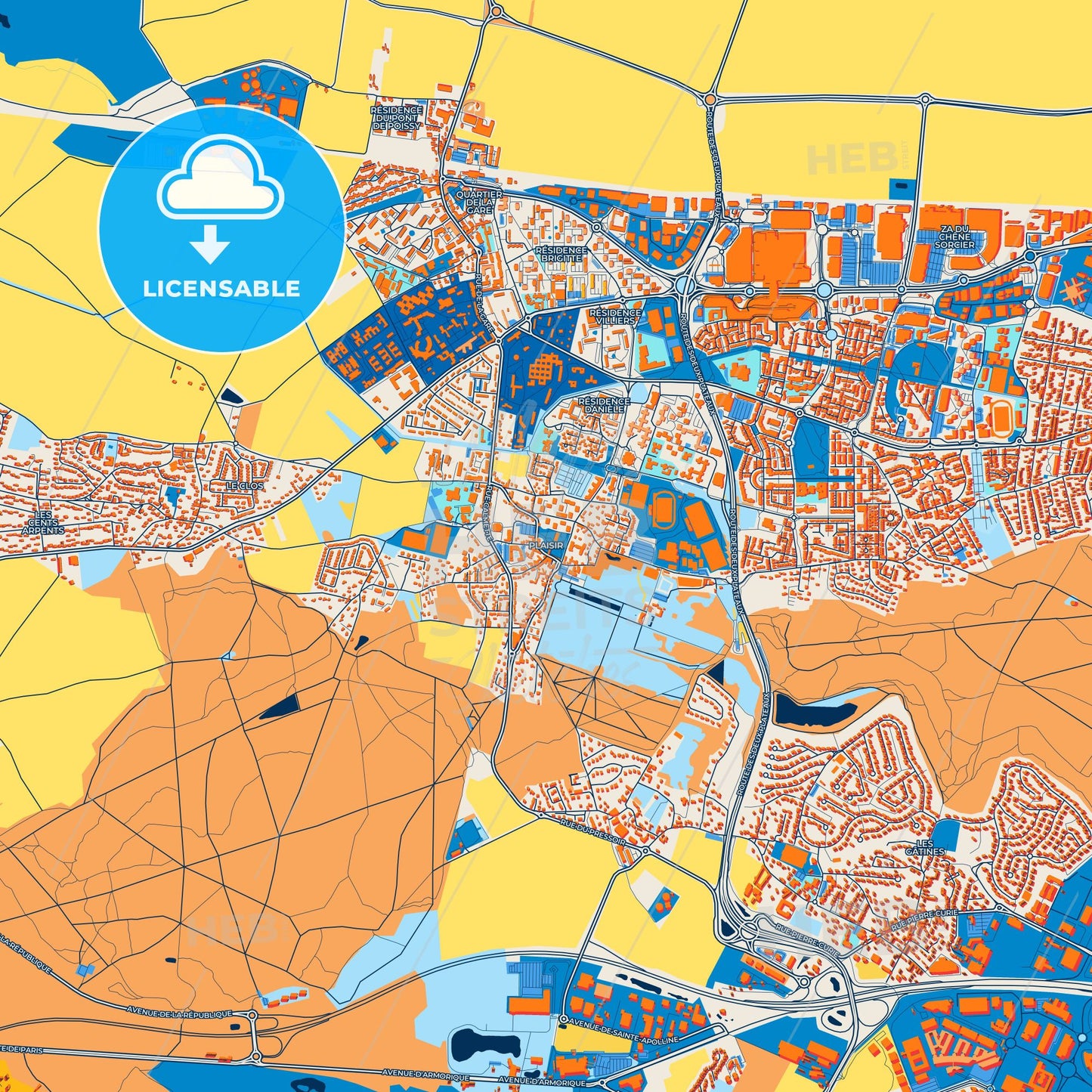 Colorful Plaisir Street Map with Labels and Buildings