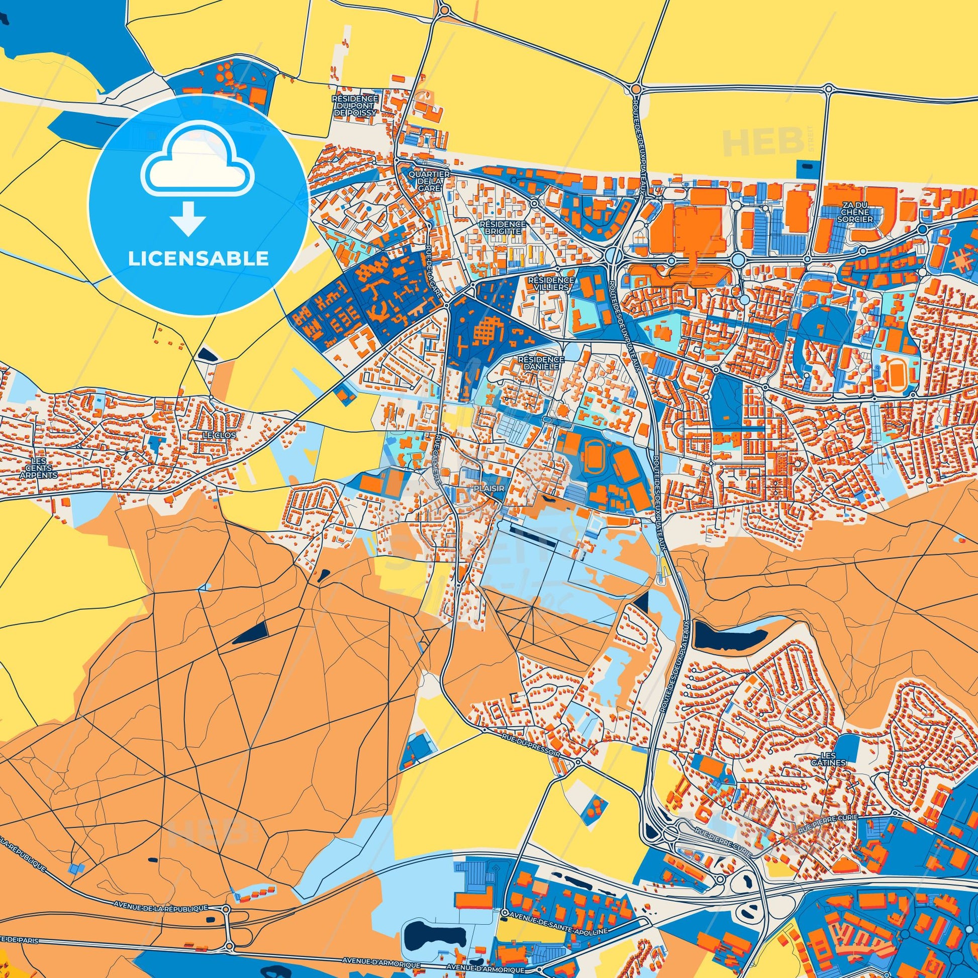 Colorful Plaisir Street Map with Labels and Buildings