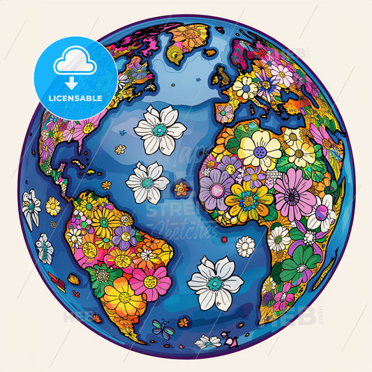 planet earth, flat colors, highly detailed - A globe with flowers on it