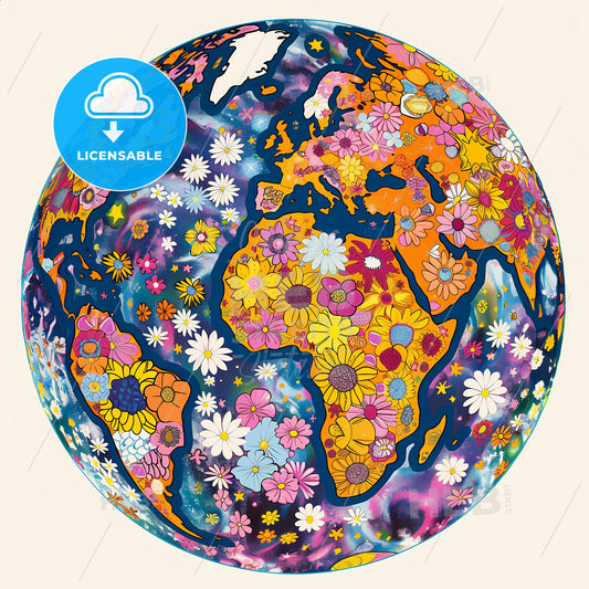 planet earth, flat colors, highly detailed - A colorful globe with flowers on it