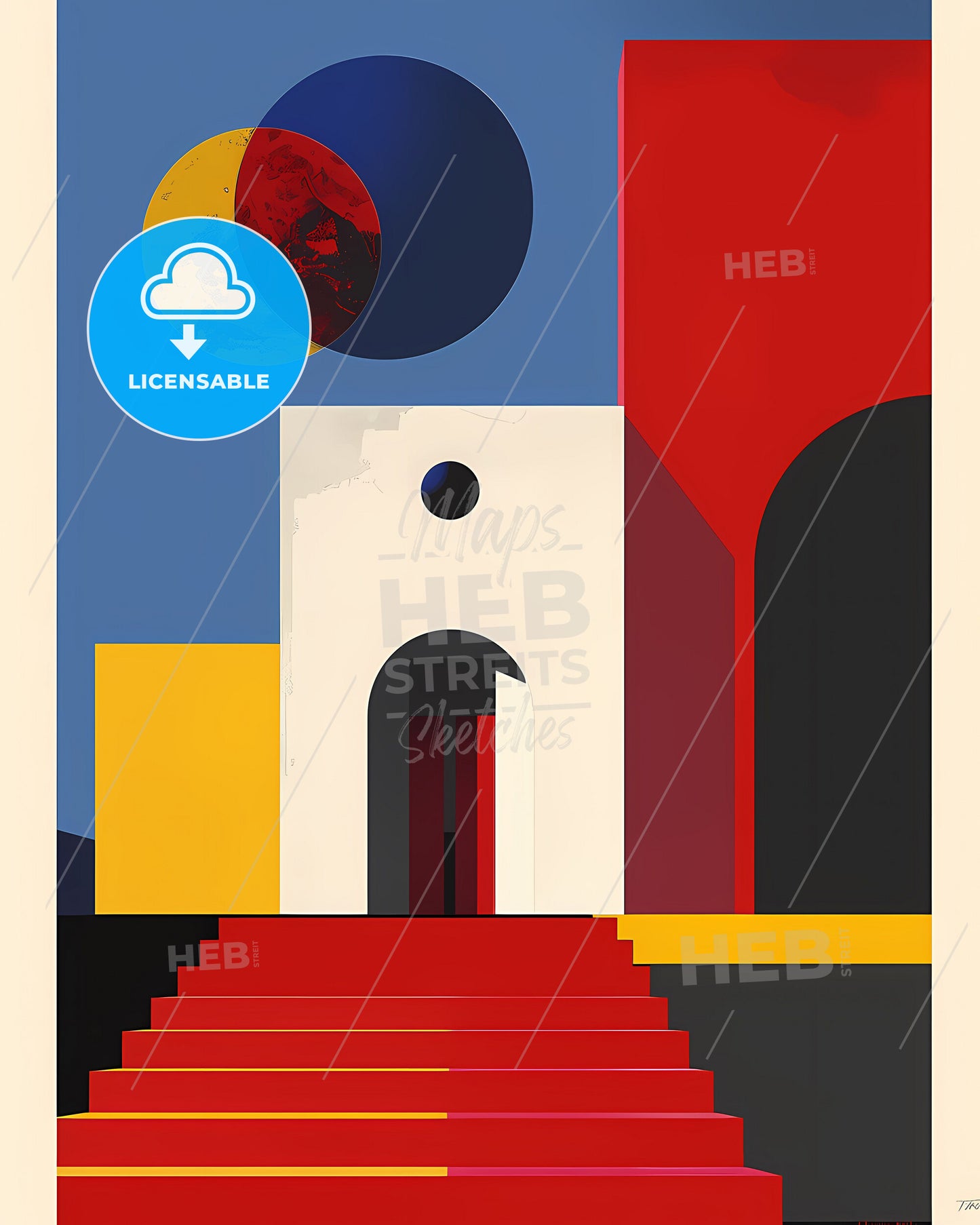 Vibrant Geometric Architecture Poster - Colorful Building Art with Red Staircase and Door