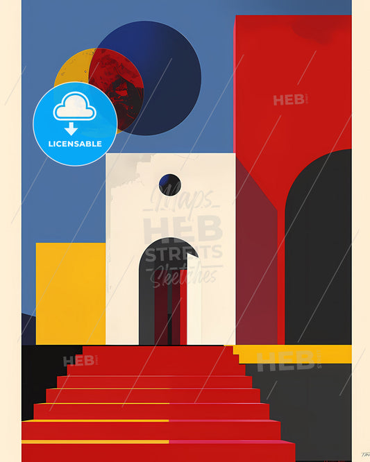 Vibrant Geometric Architecture Poster - Colorful Building Art with Red Staircase and Door
