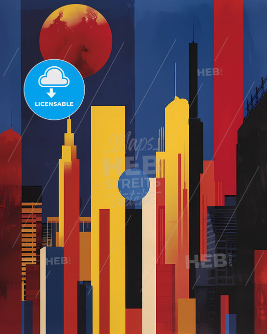 Abstract Cityscape Artwork, Red Circle on Vibrant Canvas, City Painting with Blue Sky