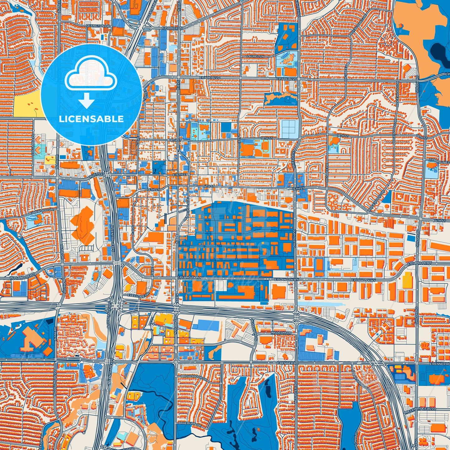 Colorful Plano Street Map with Labels and Buildings