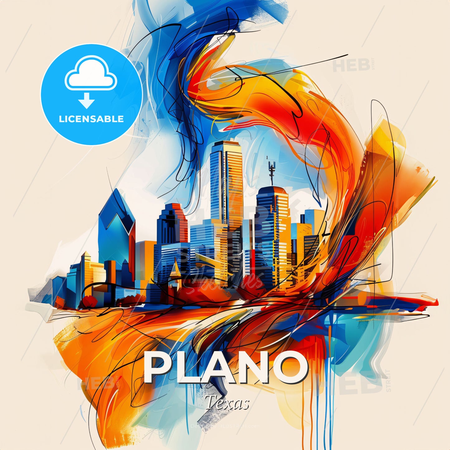 Vibrant Plano, Texas - A Colorful Cityscape With A Few Buildings - Square format print template