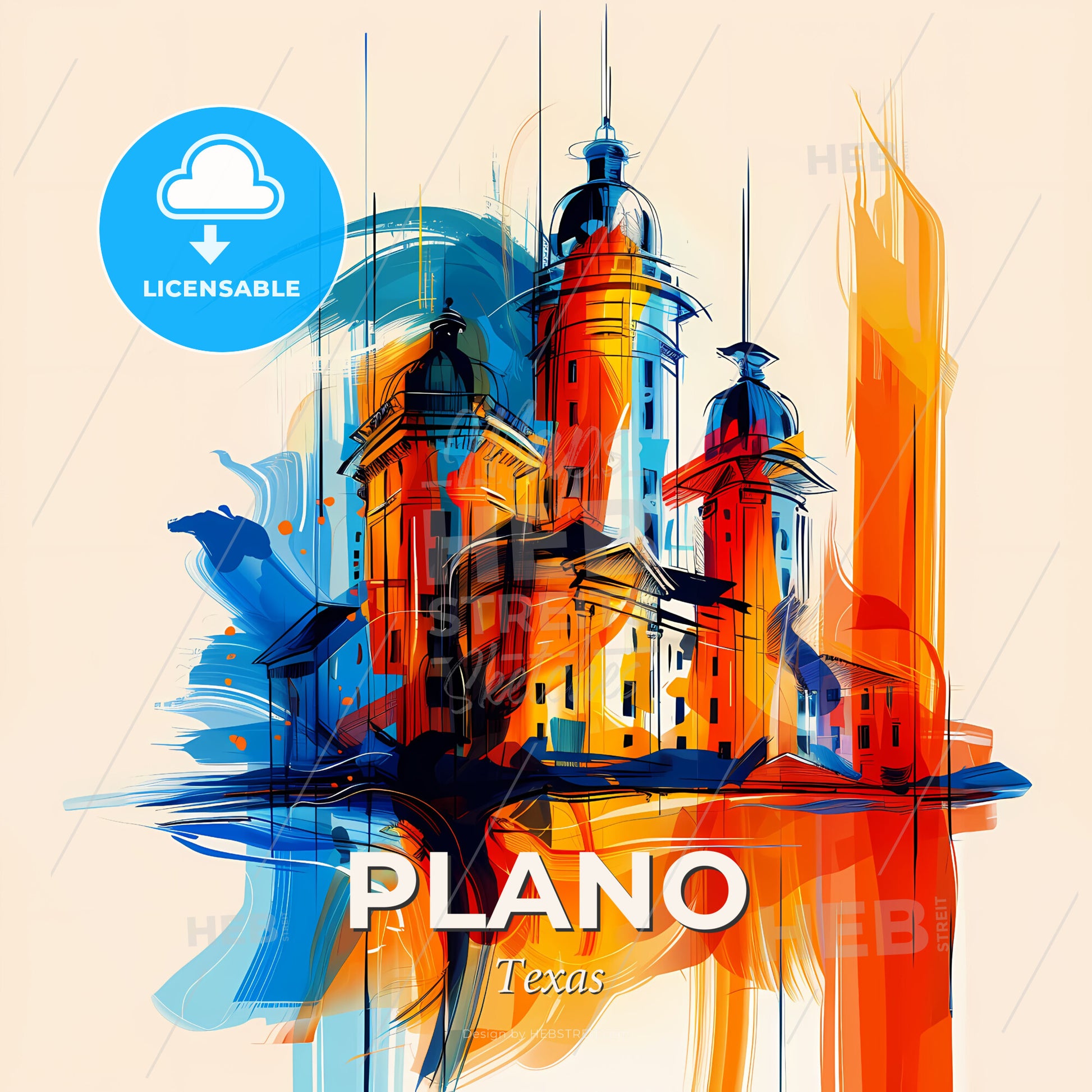 Vibrant Plano, Texas - A Colorful Painting Of A Castle - Square format print template