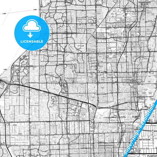 Plantation, Florida light map with streetnames, citynames and districts