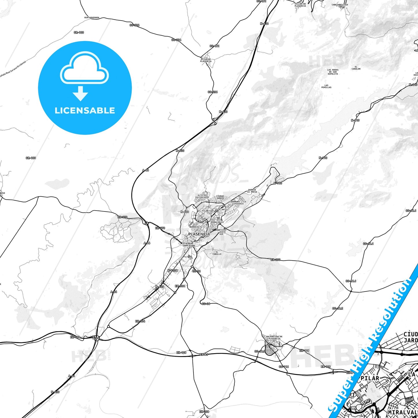 Plasencia, Spain light map with streetnames, citynames and districts