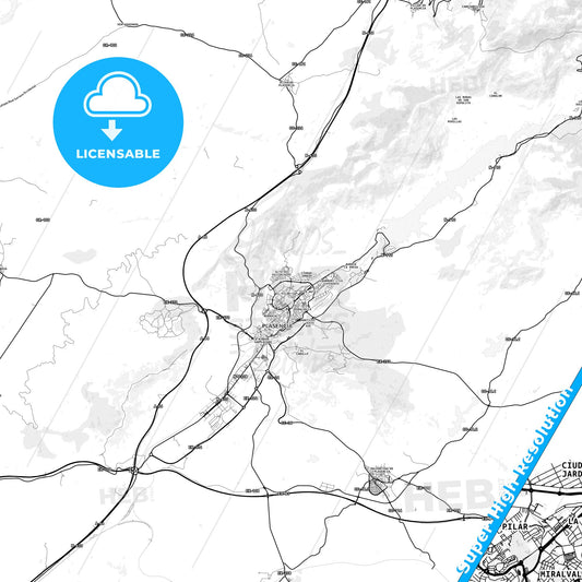 Plasencia, Spain light map with streetnames, citynames and districts