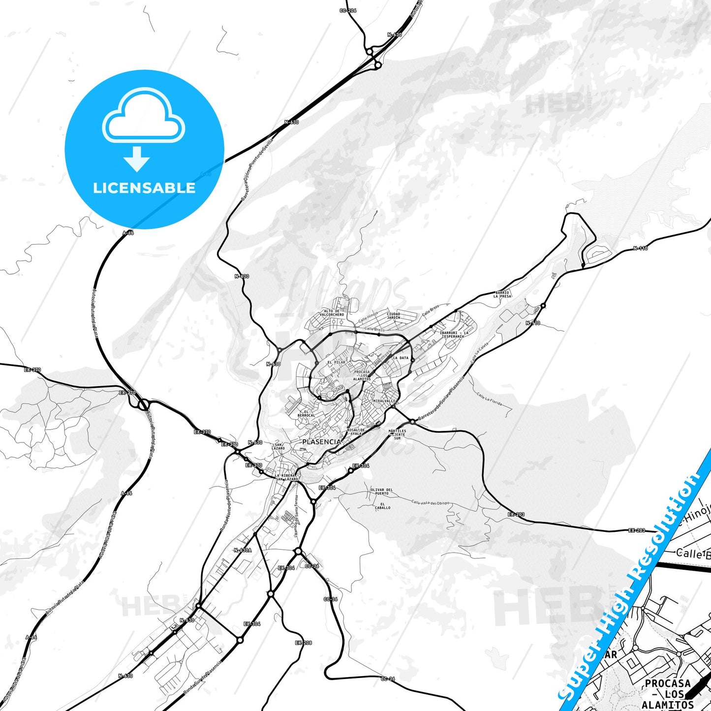 Plasencia, Spain Light Map with Street Names, City Names, and Districts