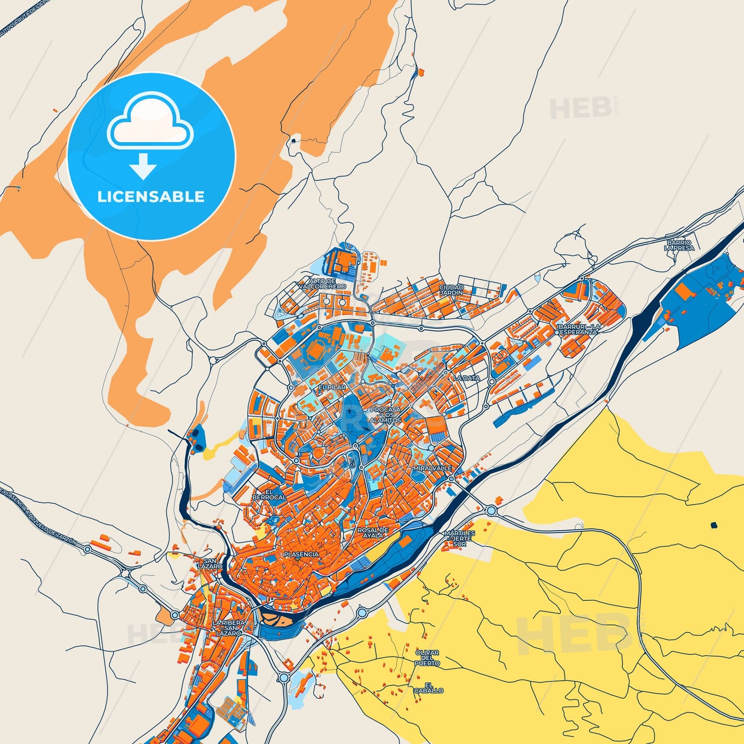 Colorful Plasencia Street Map with Labels and Buildings