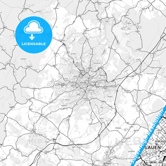 Plauen, Germany light map with streetnames, citynames and districts