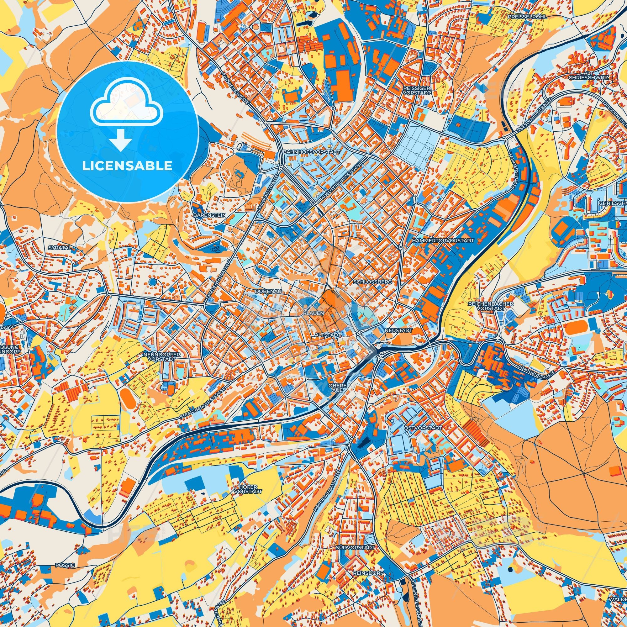 Colorful Plauen Street Map With Labels And Buildings – HEBSTREITS