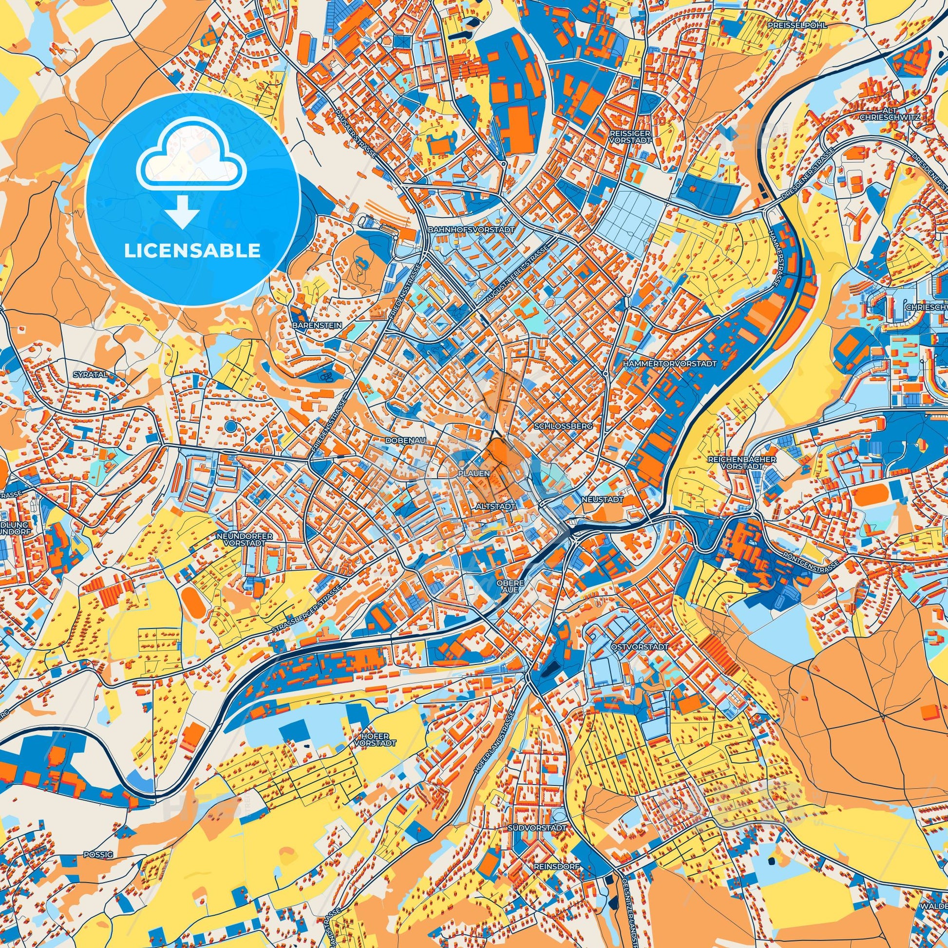 Colorful Plauen Street Map with Labels and Buildings