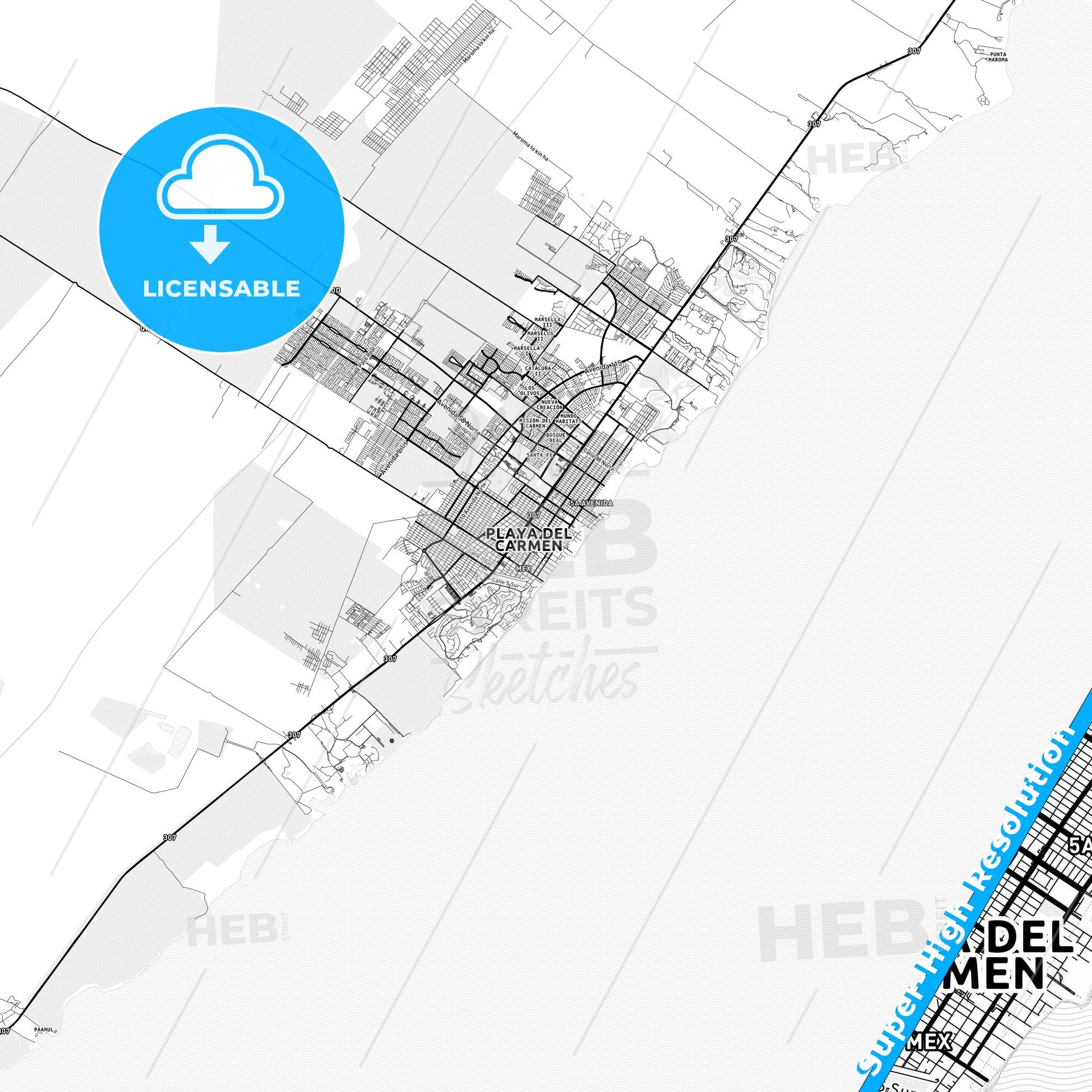 Playa del Carmen, Mexico light map with streetnames, citynames and districts