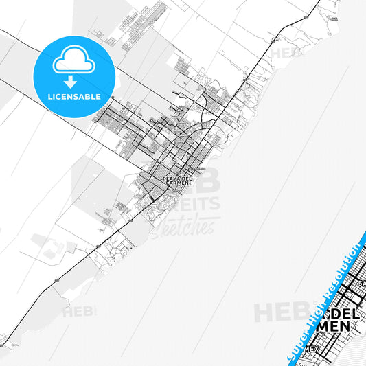 Playa del Carmen, Mexico light map with streetnames, citynames and districts