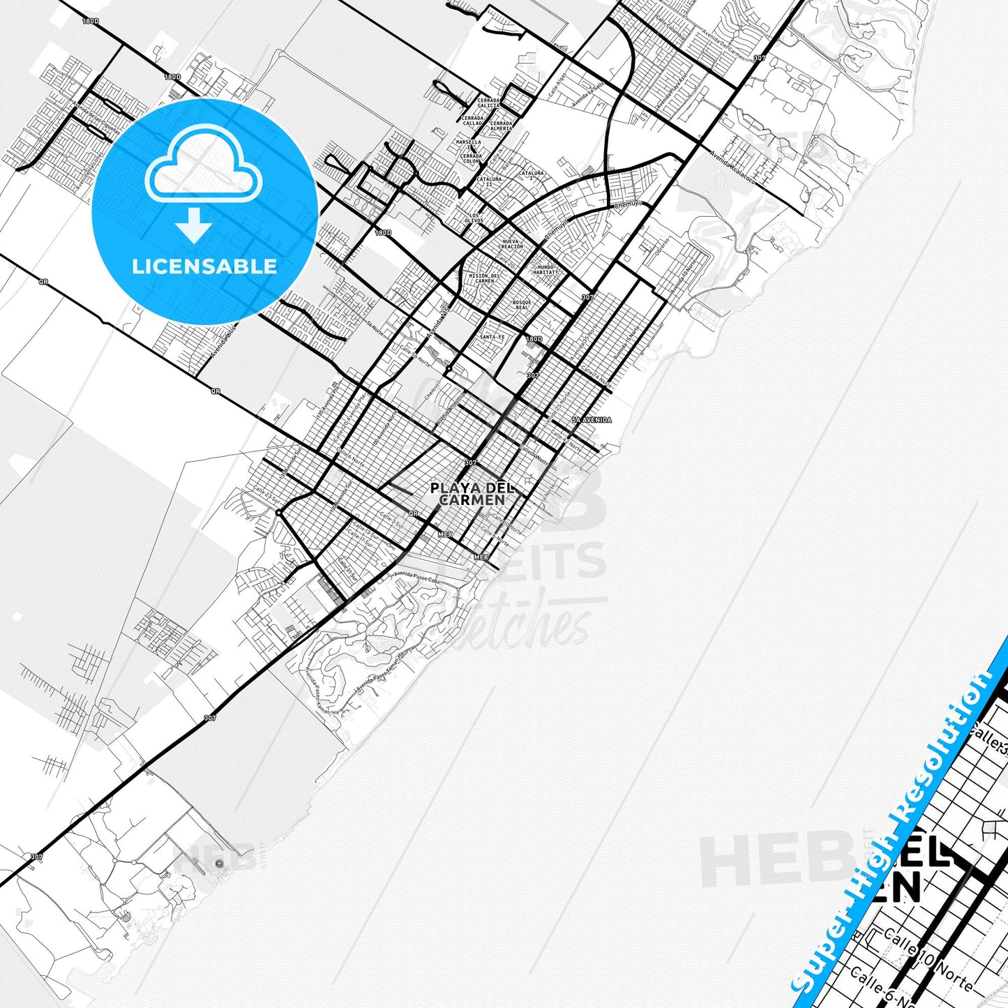 Playa del Carmen, Mexico Light Map with Street Names, City Names, and Districts