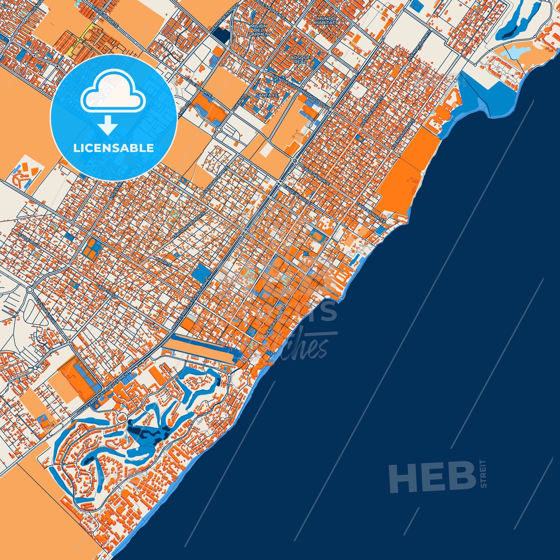 Colorful Playa del Carmen Street Map with Labels and Buildings