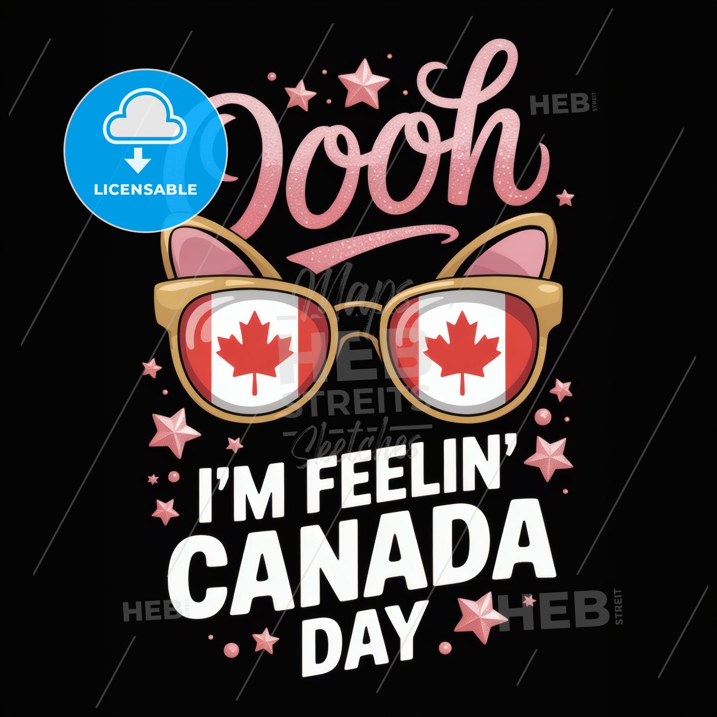 Playful Canada Day Sunglasses Art: Gold Framed with Cat Ears & Maple Leaf Reflection