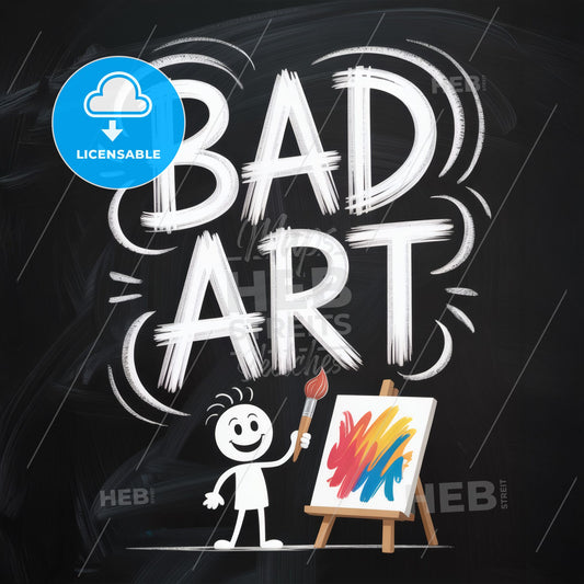 Playful Cartoon Character Holding Paintbrush with 'Bad Art' Text on Chalkboard Background.
