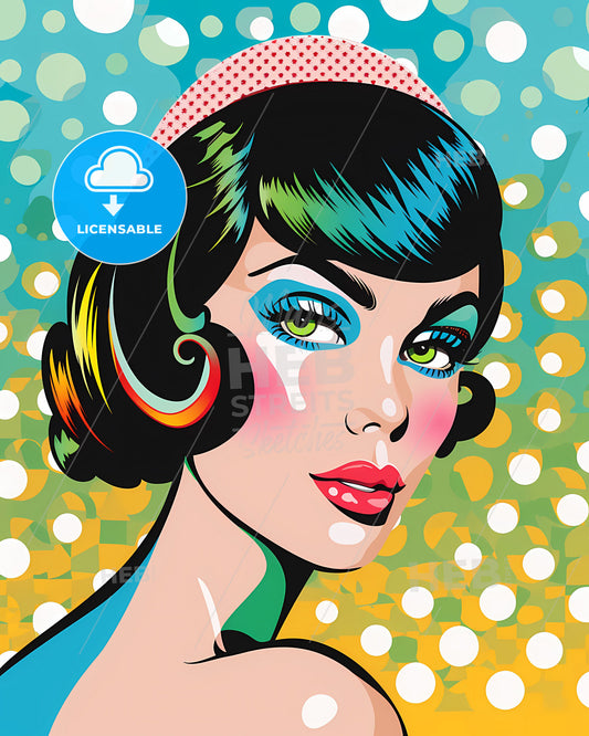 Playful Pop Art: Vibrant Painting with Green-Eyed Blue-Haired Woman