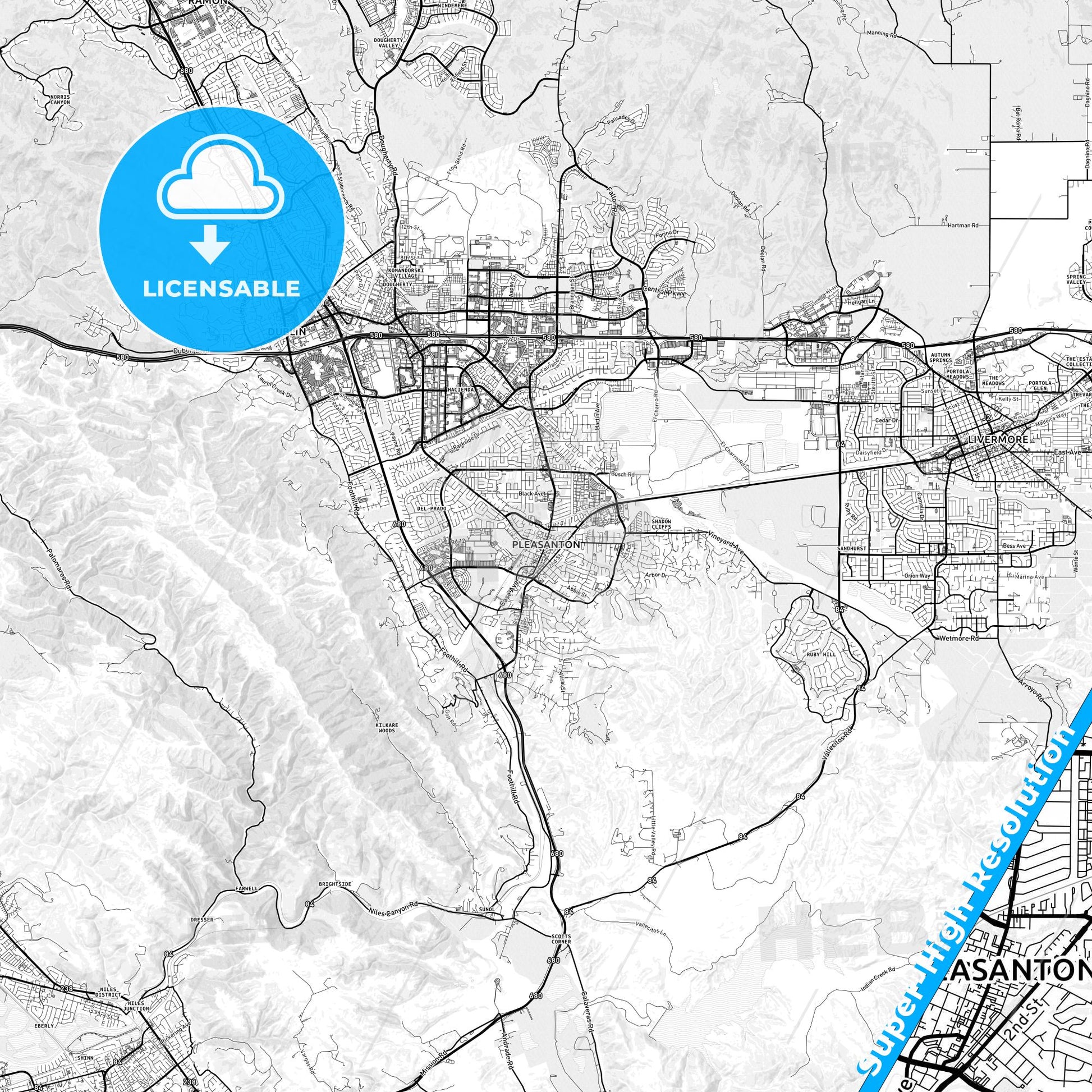 Pleasanton, California light map with streetnames, citynames and districts