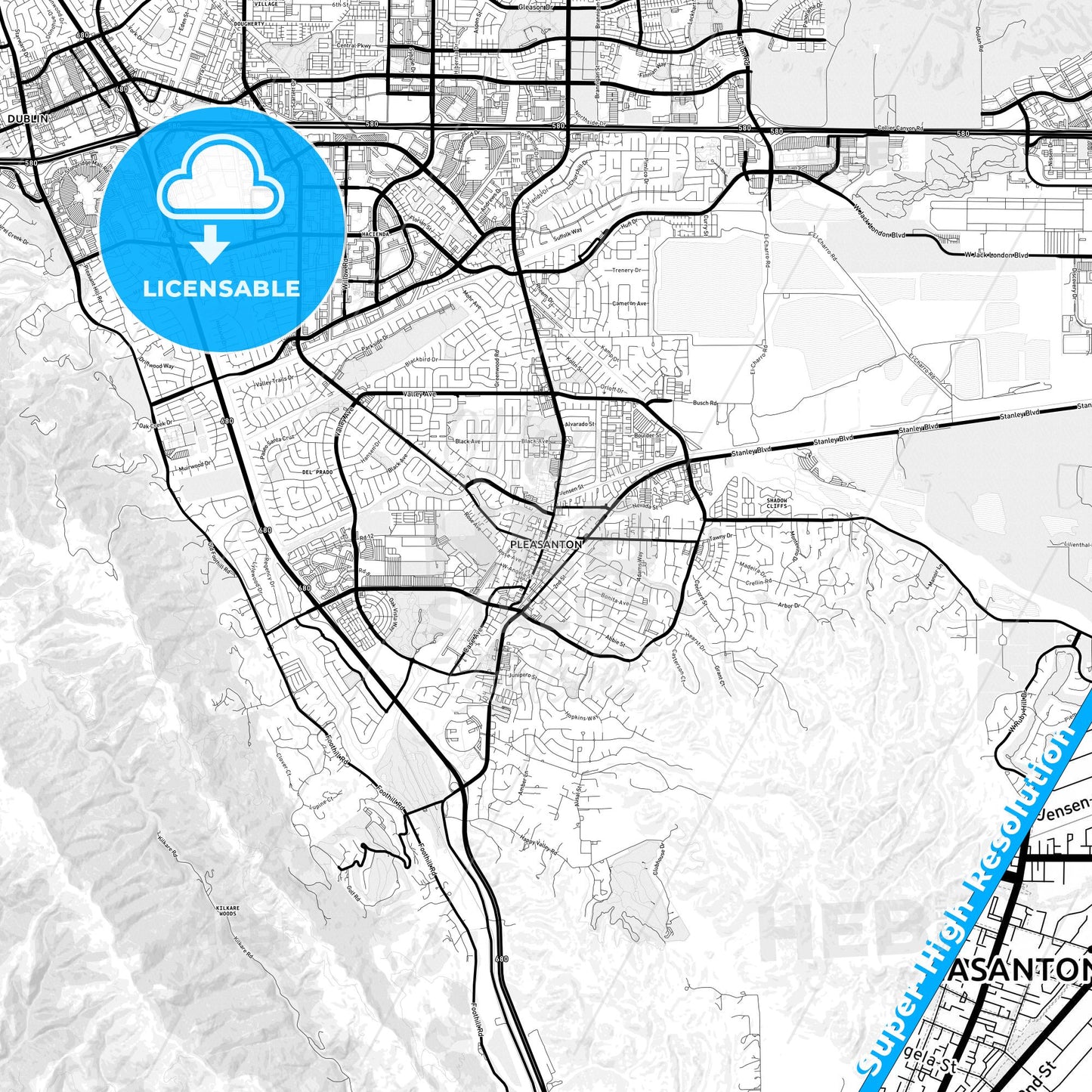 Pleasanton, California Light Map with Street Names, City Names, and Districts