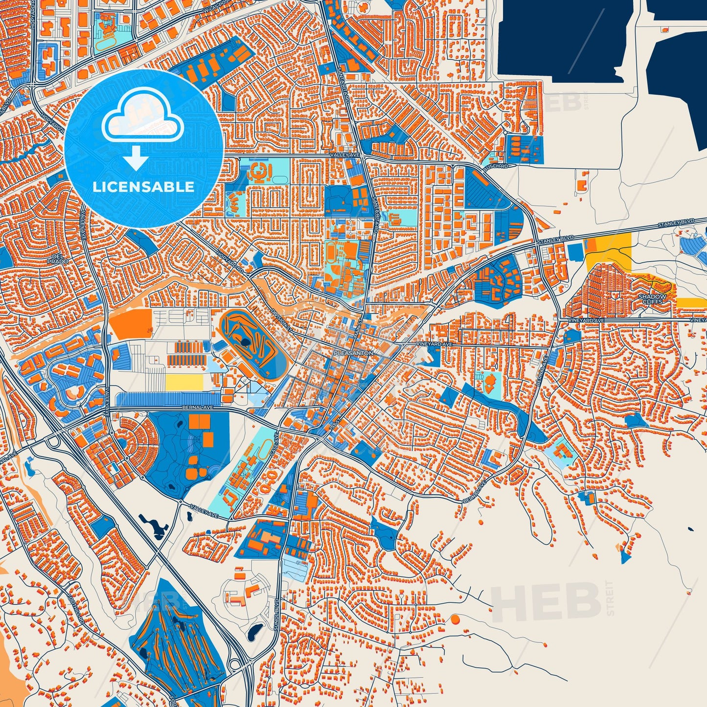 Colorful Pleasanton Street Map with Labels and Buildings