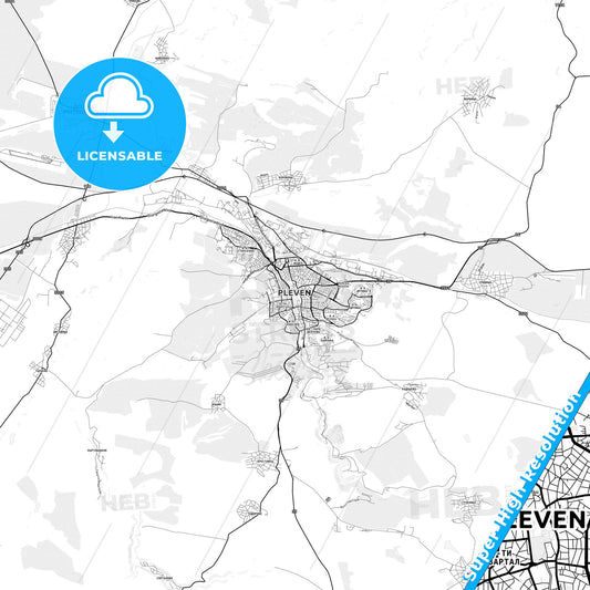 Pleven, Bulgaria light map with streetnames, citynames and districts