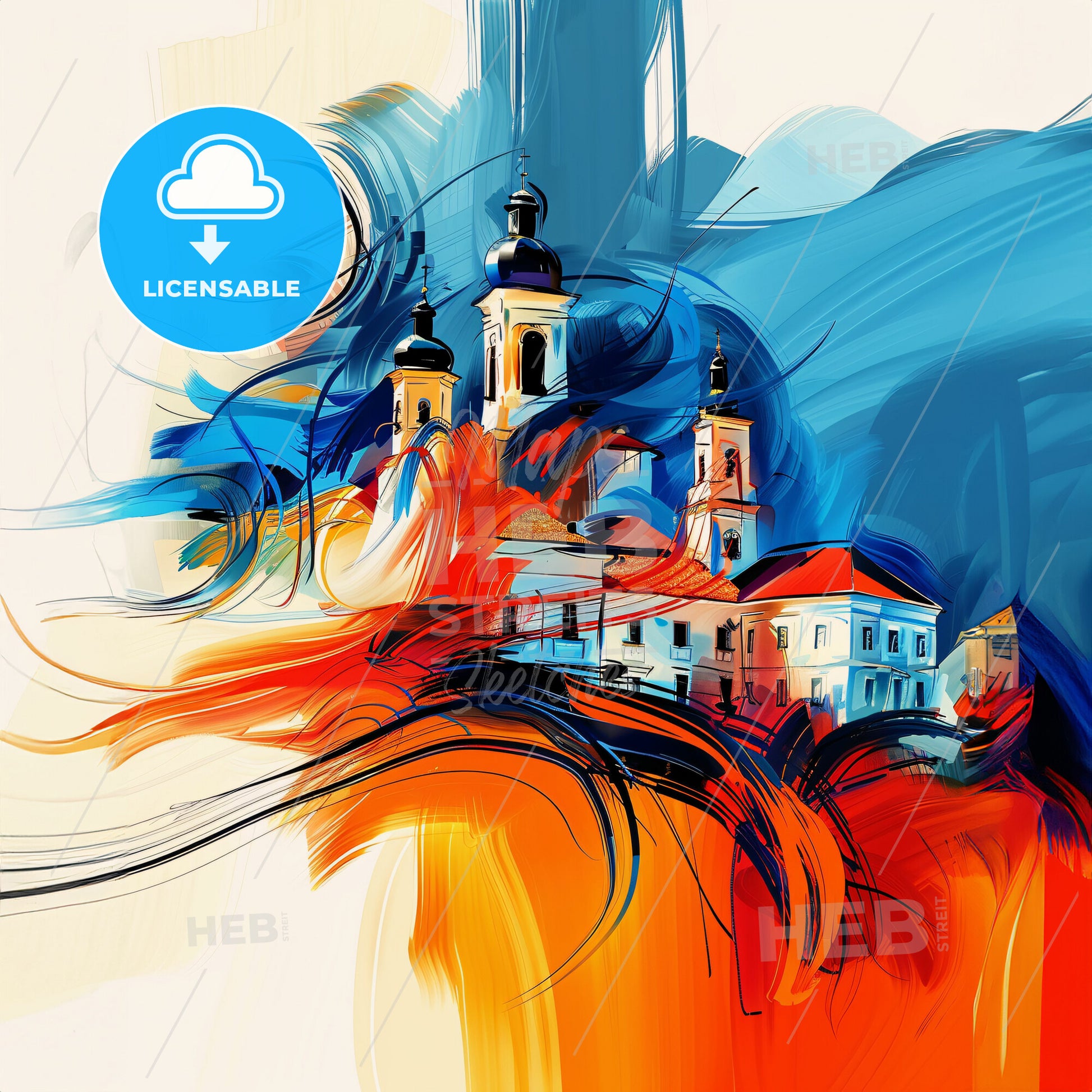 Vibrant Плевен, Bulgaria - A Painting Of A Building With A Colorful Background