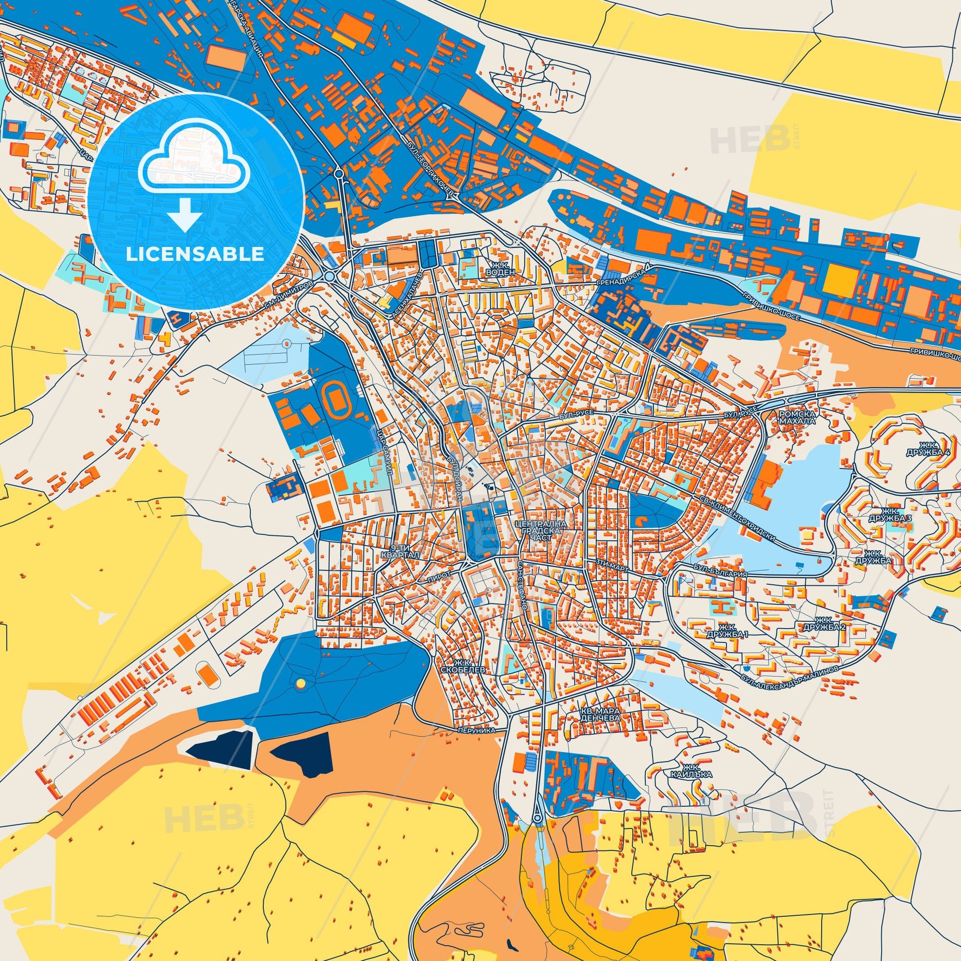 Colorful Pleven Street Map with Labels and Buildings