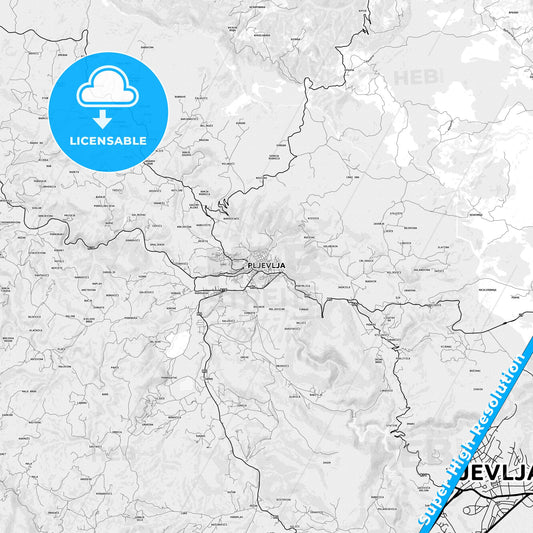 Pljevlja, Montenegro light map with streetnames, citynames and districts