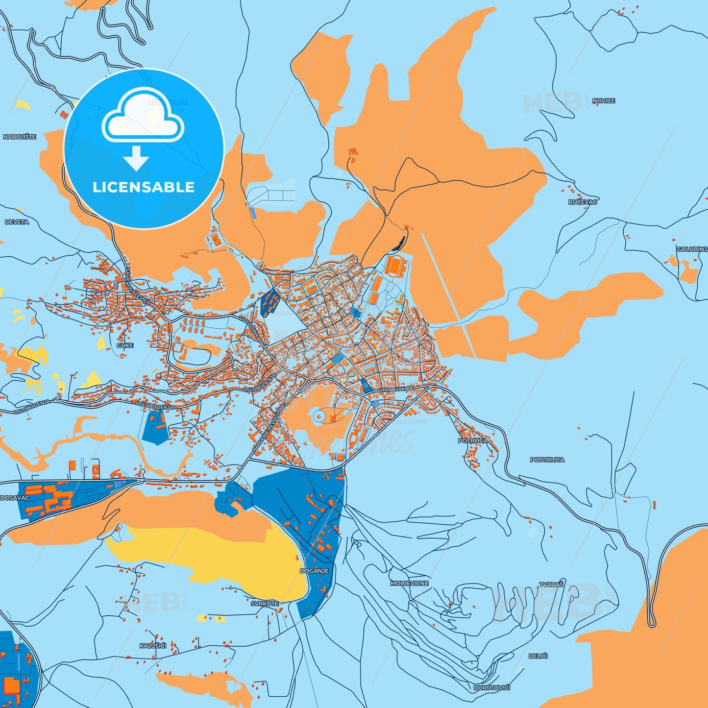 Colorful Pljevlja Street Map with Labels and Buildings