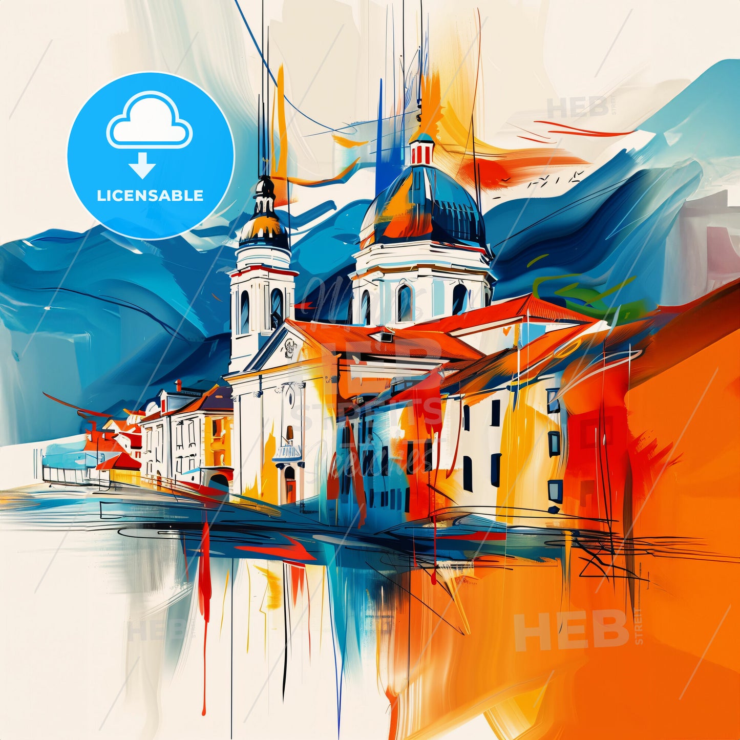 Vibrant Pljevlja, Montenegro - A Painting Of A Building With A Dome And A Blue And Orange Roof