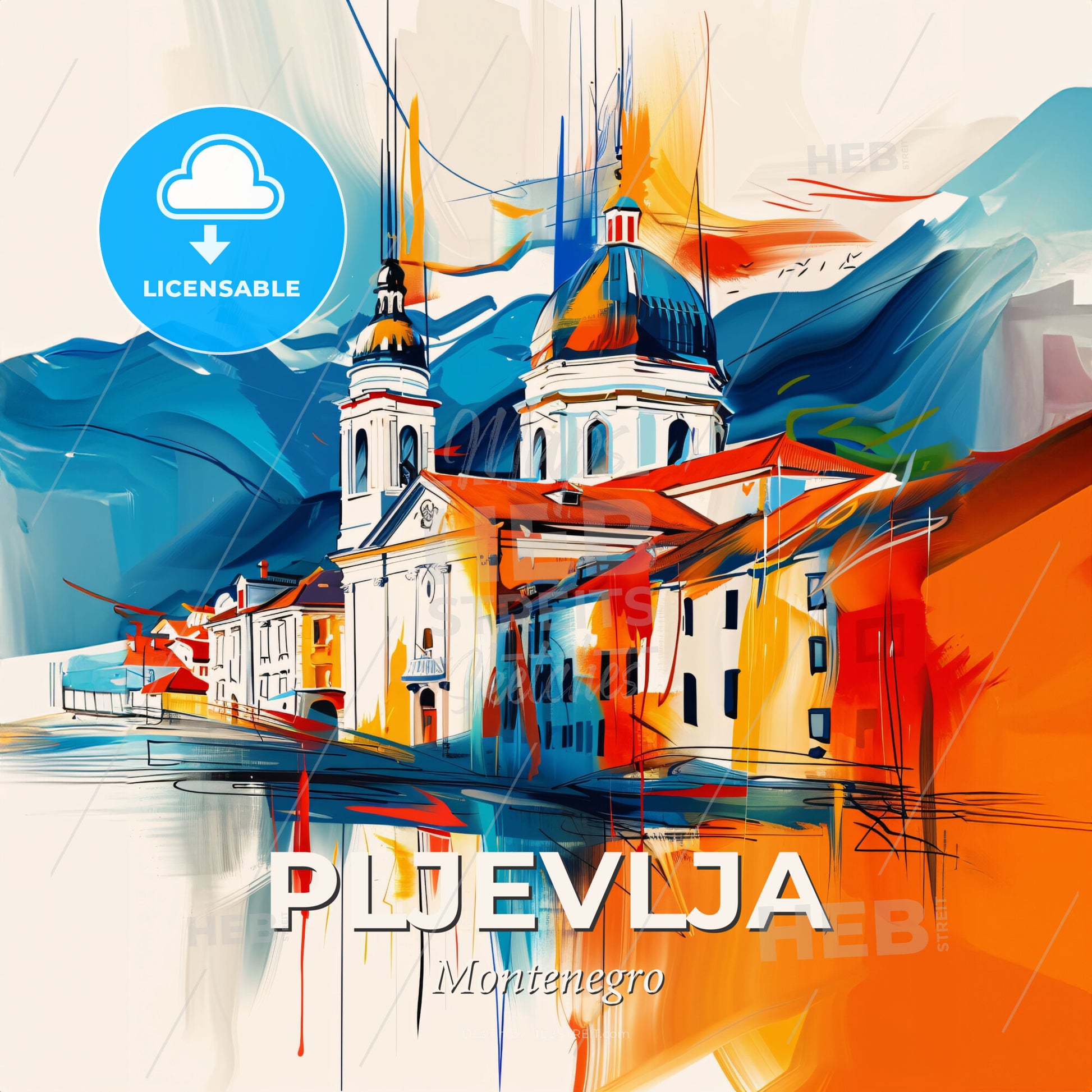 Vibrant Pljevlja, Montenegro - A Painting Of A Building With A Dome And A Blue And Orange Roof - Square format print template
