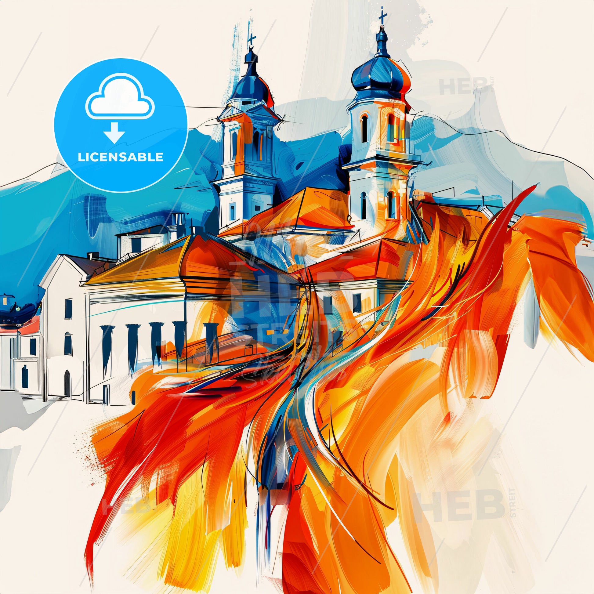 Vibrant Pljevlja, Montenegro - A Painting Of A Building With A Red And Orange Roof