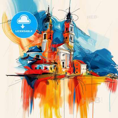 Vibrant Pljevlja, Montenegro - A Painting Of A Building