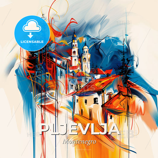 Vibrant Pljevlja, Montenegro - A Painting Of A Village - Square format print template