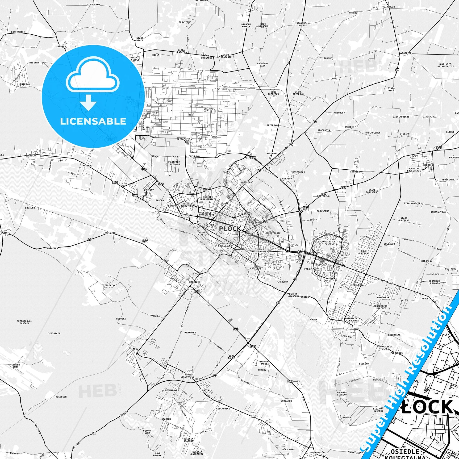 Płock, Poland light map with streetnames, citynames and districts